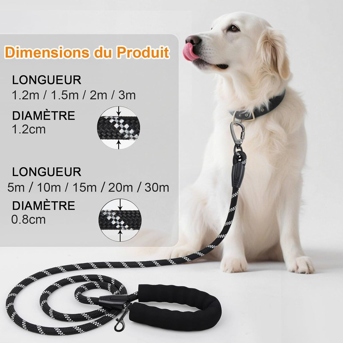 Longe pour Chien, 1,2 M / 1,5 M / 2 M / 3 M / 5 M / 10 M / 15 M / 20 M / 30 M, Laisse de Dressage pour Chien, Longue Laisse avec Poignée Rembourrée pour Petits, Moyens et Grands Chiens