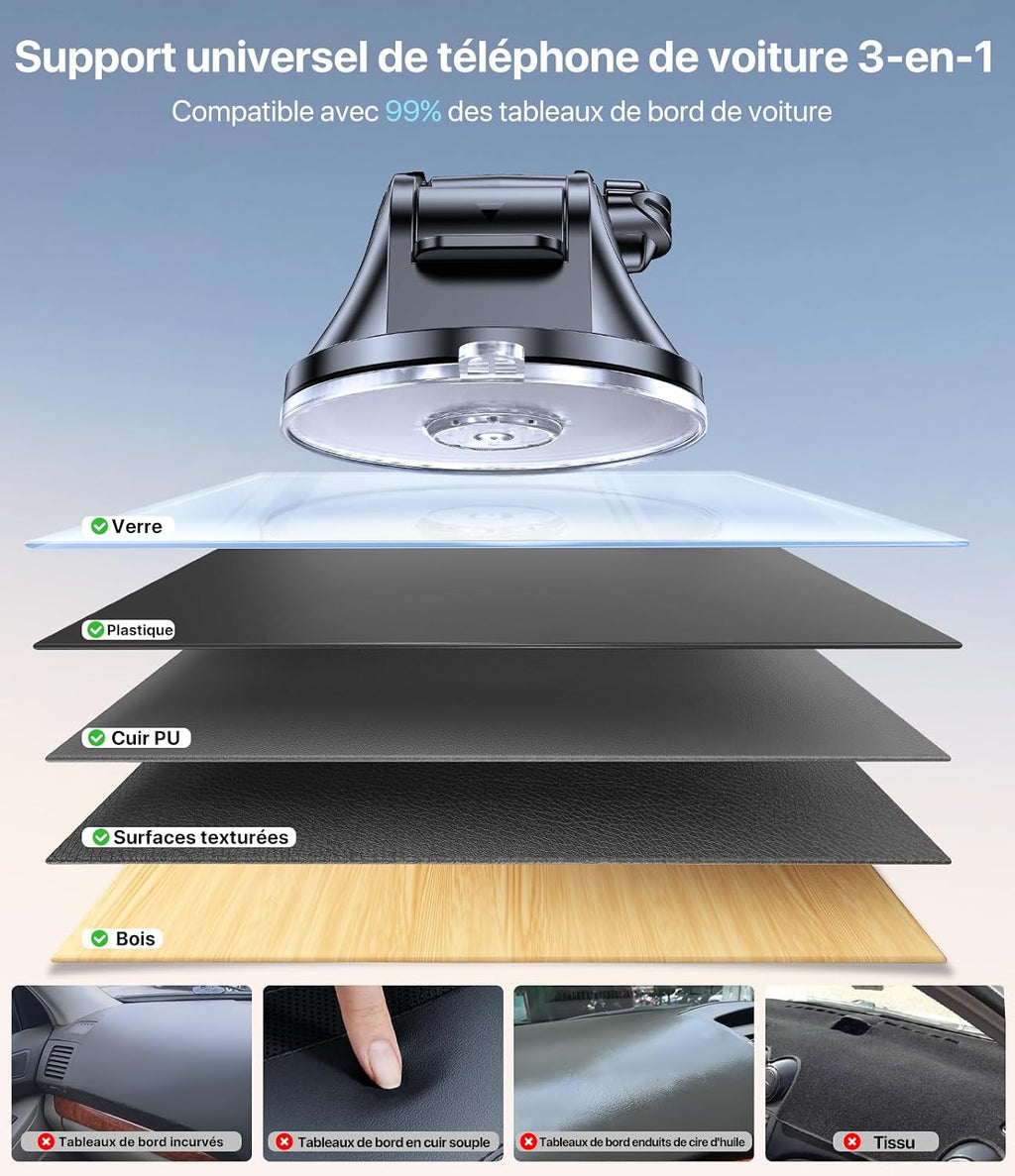 Support téléphone voiture Miracase [Ventouse puissante] porte-téléphone pour tableau de bord, rotation 360°, ventouse portable pour iPhone, compatible avec smartphones de 4 à 7,2 pouces
