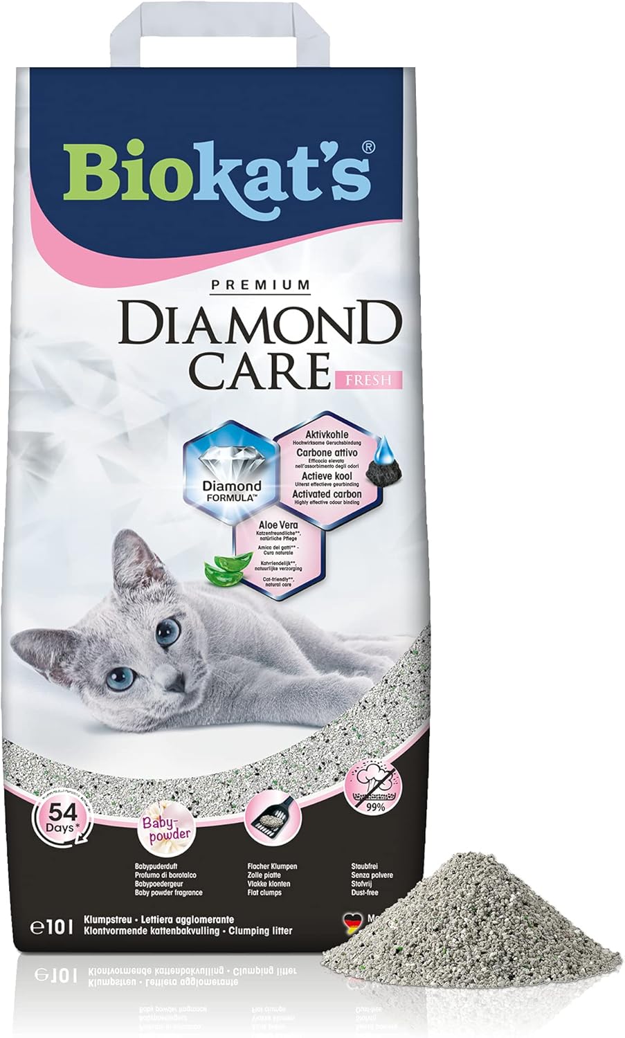 Biokat’s Diamond Care Fresh au parfum de talc - Litière fine pour chats au charbon actif et à l’Aloe vera - 1 sac (1 x 10 l)
