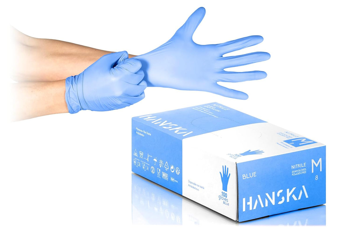 HANSKA Lot de 100 gants jetables en nitrile bleu – sans poudre – jetables – ambidextres – non stériles – base en caoutchouc – convient aux domaines médicaux, à la manipulation des aliments (100, M)