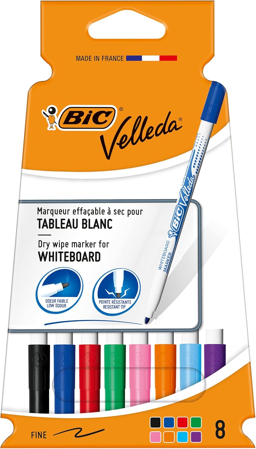 BIC Velleda 1721 Feutres effaçables à sec à pointe fine pour tableau blanc – Couleurs assorties, étui carton de 8