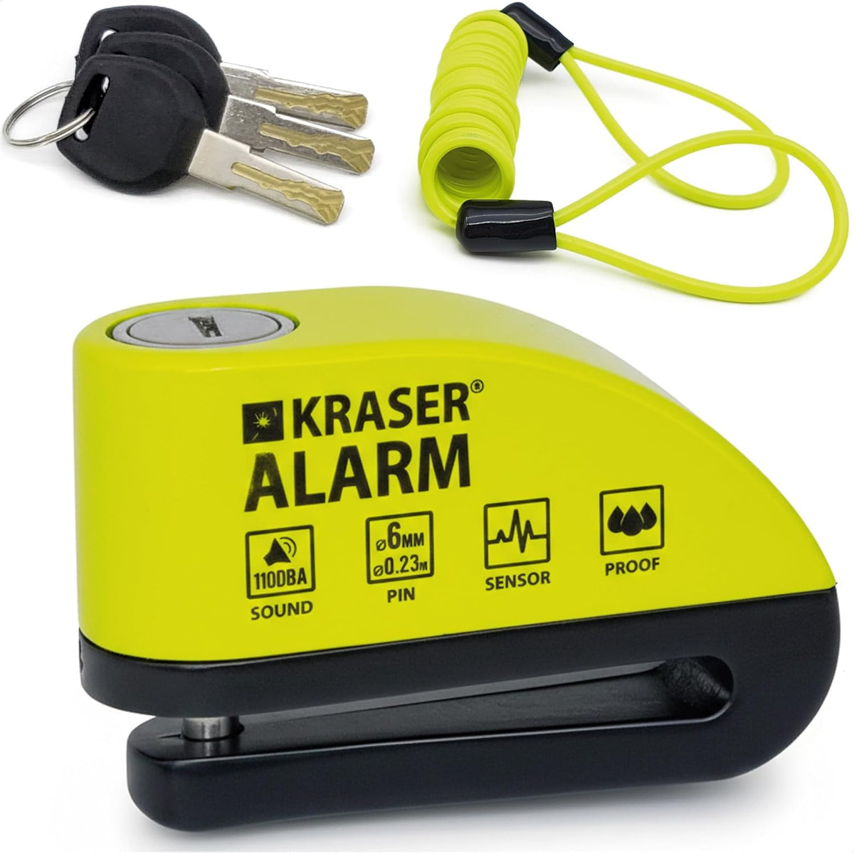 KRASER WA6Y Antivol Moto, Bloque Disque Alarme 110db, Renforcé, 3 clés, Serrure Haute Sécurité, Étanche, Câble Rappel 1,5m, Sac, Piles de rechange, Bloc Frein 6mm Universel Moto Scooter Vélo