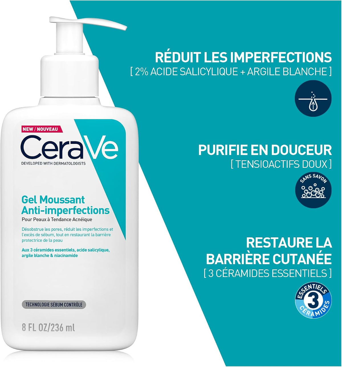 CeraVe - Gel Moussant Anti-Imperfections - Purifie la peau en douceur et réduit les imperfections - Acide salicylique, argile blanche, céramides et niacinamide - Peau à tendance acnéique
