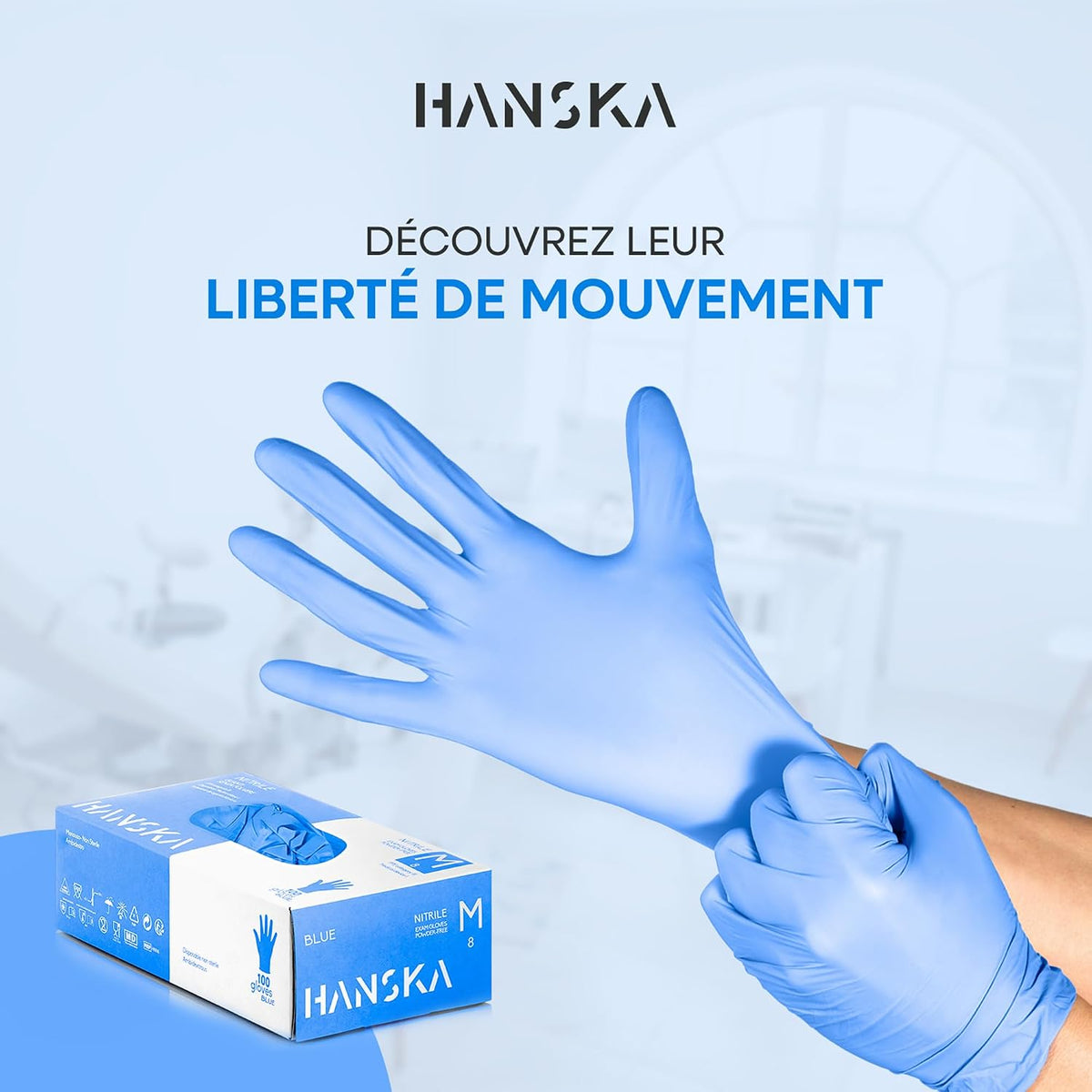 HANSKA Lot de 100 gants jetables en nitrile bleu – sans poudre – jetables – ambidextres – non stériles – base en caoutchouc – convient aux domaines médicaux, à la manipulation des aliments (100, M)