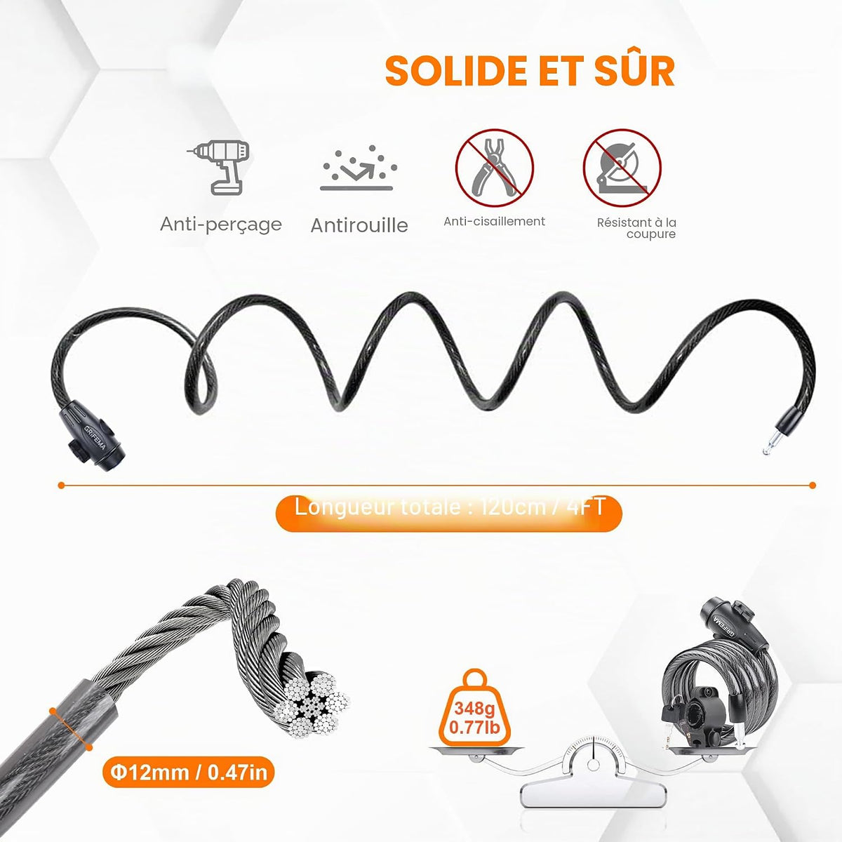 GRIFEMA GA1204-12, Chaîne antivol pour vélo 120 cm