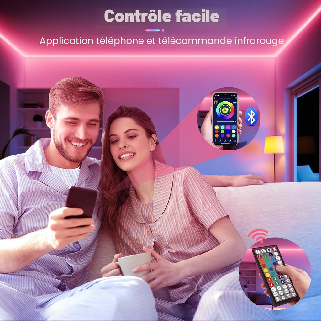 Ruban LED, 10M Ruban LED RGB Flexible pour décoration de chambre, contrôle par application Bluetooth avec synchronisation au rythme de la musique, LED pour salle de jeux, plafond, mariage, fête, cuisine, TV, bureau