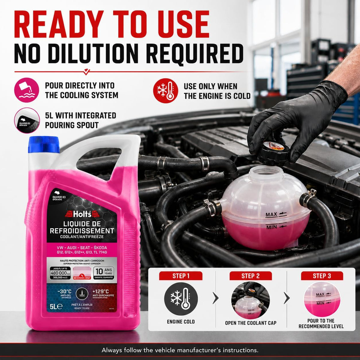Holts HAFR0006B Liquide de refroidissement et antigel pour voiture VW-Audi-Seat-Skoda G12, G12+, G12++, G13, G12 Evo, protection longue durée 10 ans, 480 000 km, jusqu'à -30°C, rose, 5L