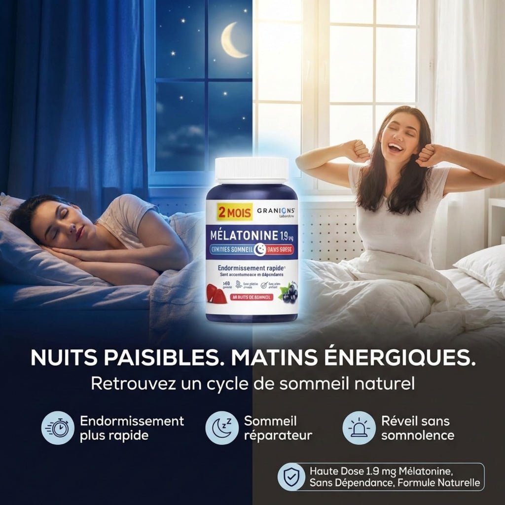 Granions - Gummies Sommeil - Mélatonine 1,9 mg - Sans sucre - 60 gummies