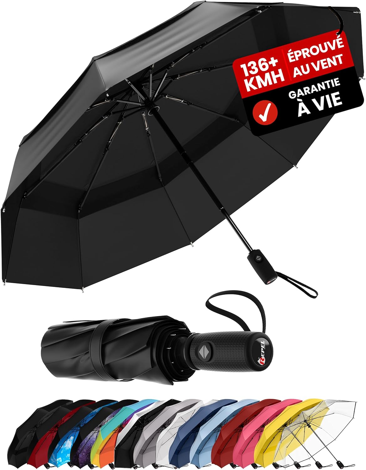 Parapluie Pliant Résistant au Vent Repel - Ouverture Automatique Facile - Parapluie Compact et Durable, Armature en Fibre de Verre Solide, Dôme Imperméable – Se glisse dans un sac à dos ou à main