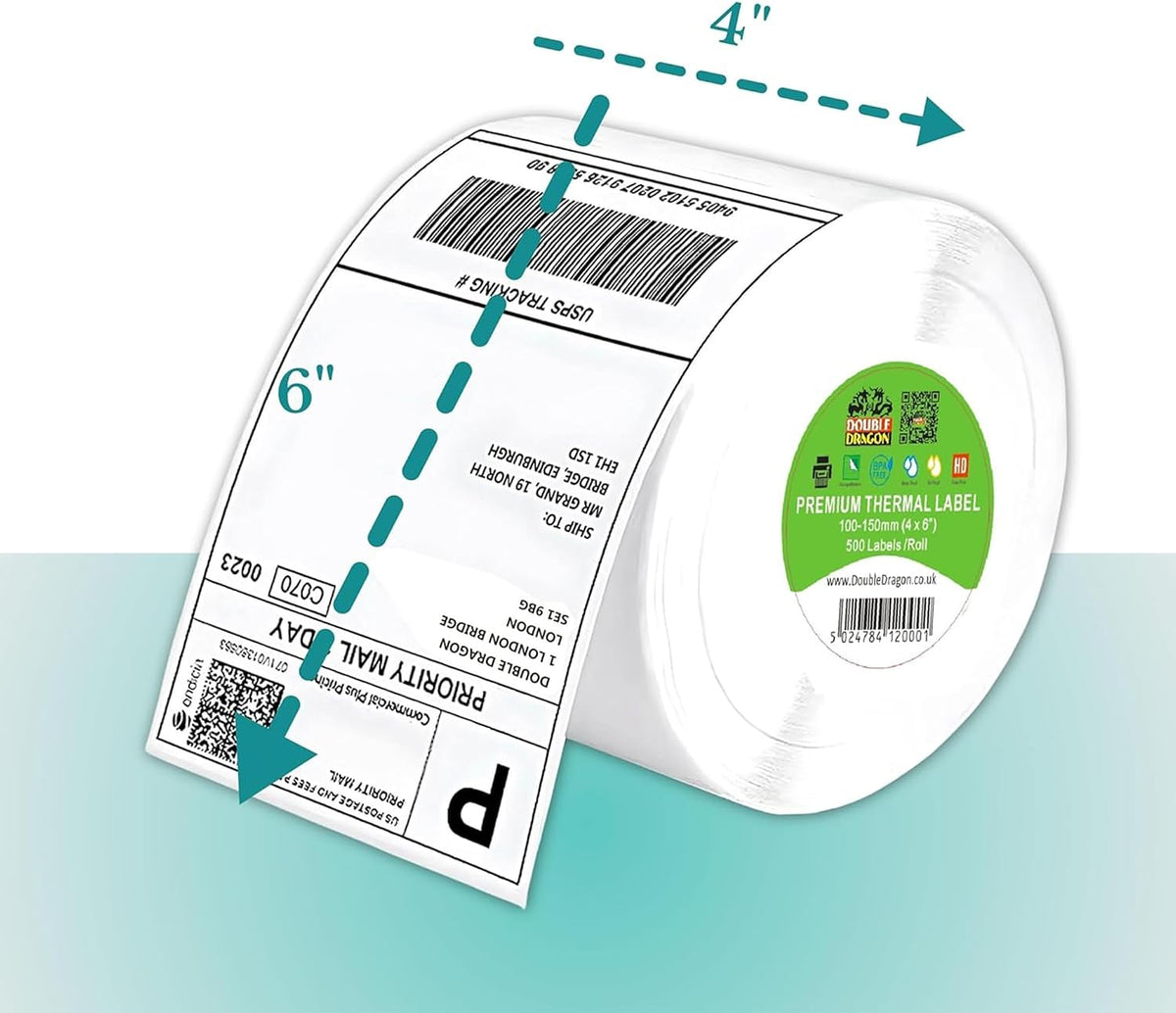Double Dragon, étiquette thermique autocollante Premium 100 x 150 mm (4" x 6") pour imprimantes Zebra, MUNBYN [1 rouleau - 500 étiquettes]