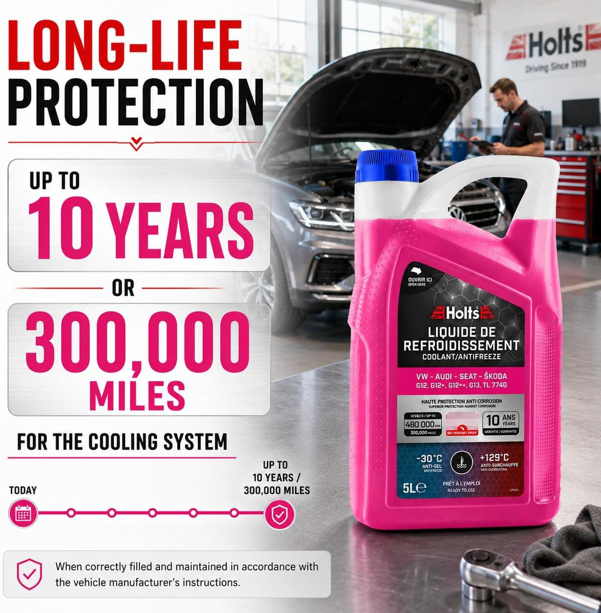 Holts HAFR0006B Liquide de refroidissement et antigel pour voiture VW-Audi-Seat-Skoda G12, G12+, G12++, G13, G12 Evo, protection longue durée 10 ans, 480 000 km, jusqu'à -30°C, rose, 5L