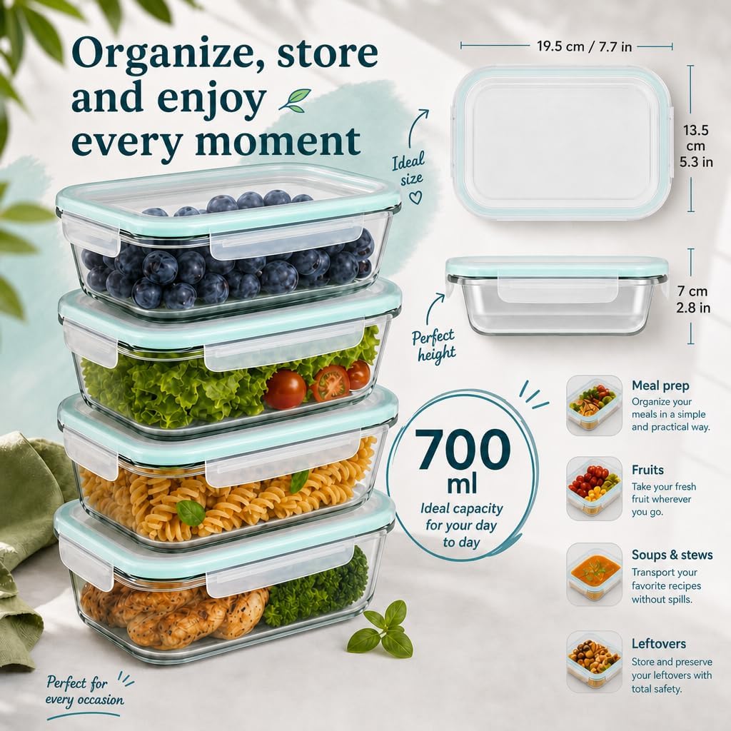 edihome, Boîte alimentaire hermétique en verre, 8, 14 ou 18 pièces, pour aliments hermétiques, résistant au lave-vaisselle, rangement cuisine, sans BPA, certifié FDA (4 récipients)