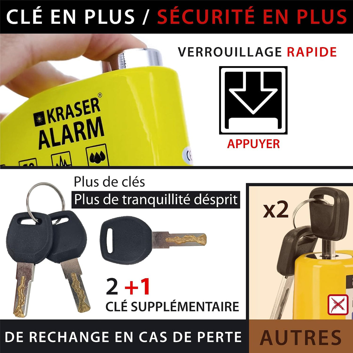 KRASER WA6Y Antivol Moto, Bloque Disque Alarme 110db, Renforcé, 3 clés, Serrure Haute Sécurité, Étanche, Câble Rappel 1,5m, Sac, Piles de rechange, Bloc Frein 6mm Universel Moto Scooter Vélo