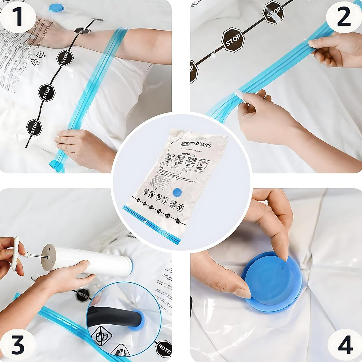 Amazon Basics Sacs de rangement sous vide avec pompe manuelle, fermeture éclair, 5 pièces, taille L, transparent