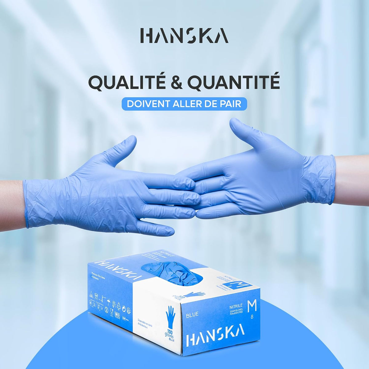 HANSKA Lot de 100 gants jetables en nitrile bleu – sans poudre – jetables – ambidextres – non stériles – base en caoutchouc – convient aux domaines médicaux, à la manipulation des aliments (100, M)