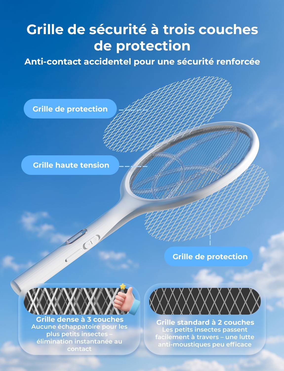 Raquette anti-insectes électrique YISSVIC 4000V 1500mAh avec base rechargeable