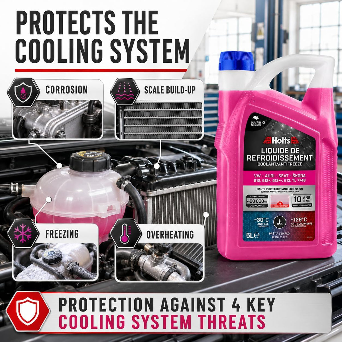 Holts HAFR0006B Liquide de refroidissement et antigel pour voiture VW-Audi-Seat-Skoda G12, G12+, G12++, G13, G12 Evo, protection longue durée 10 ans, 480 000 km, jusqu'à -30°C, rose, 5L