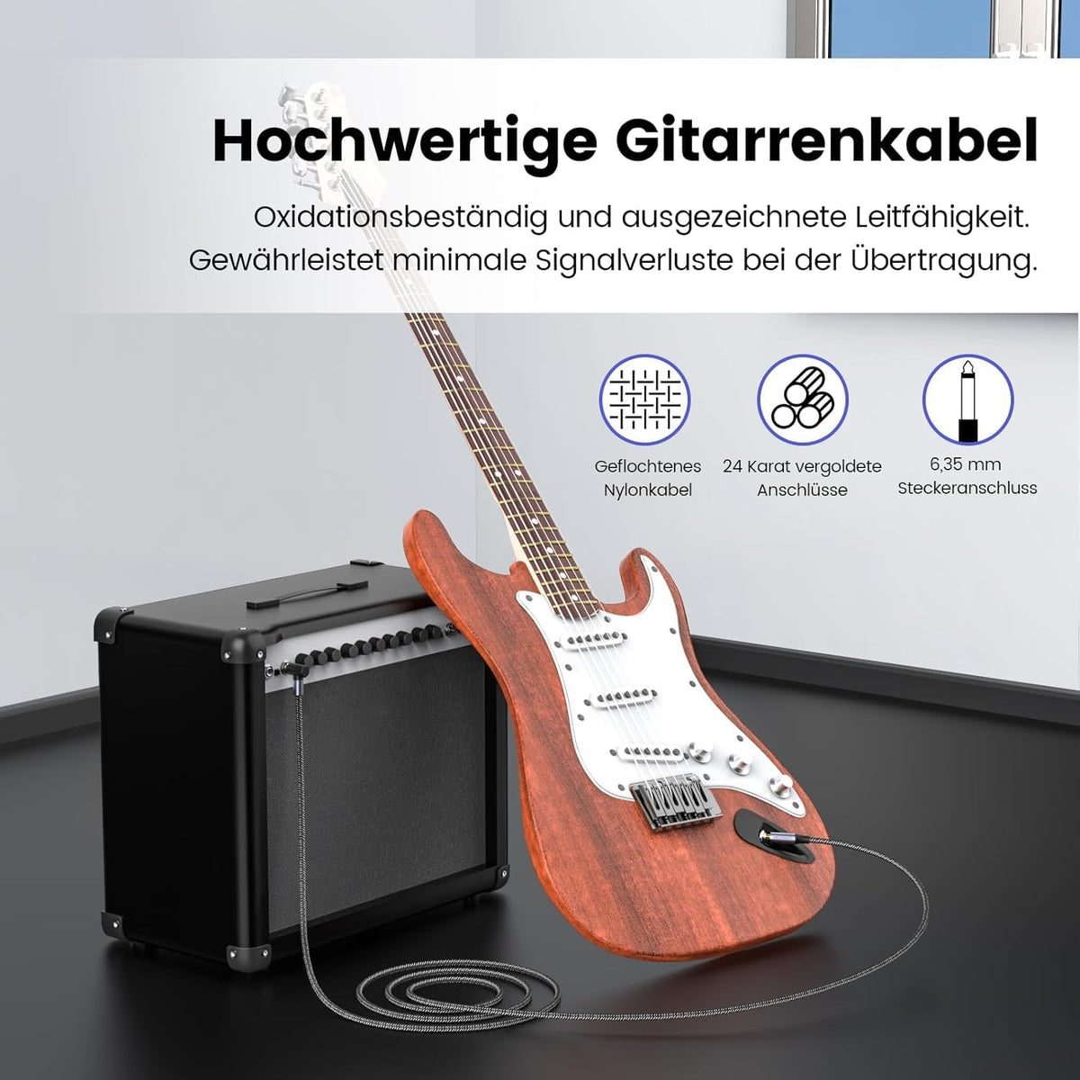 Câble instrument MOSWAG 3m - Jack coudé pour guitare électrique et basse - Connecteur tressé pour ampli