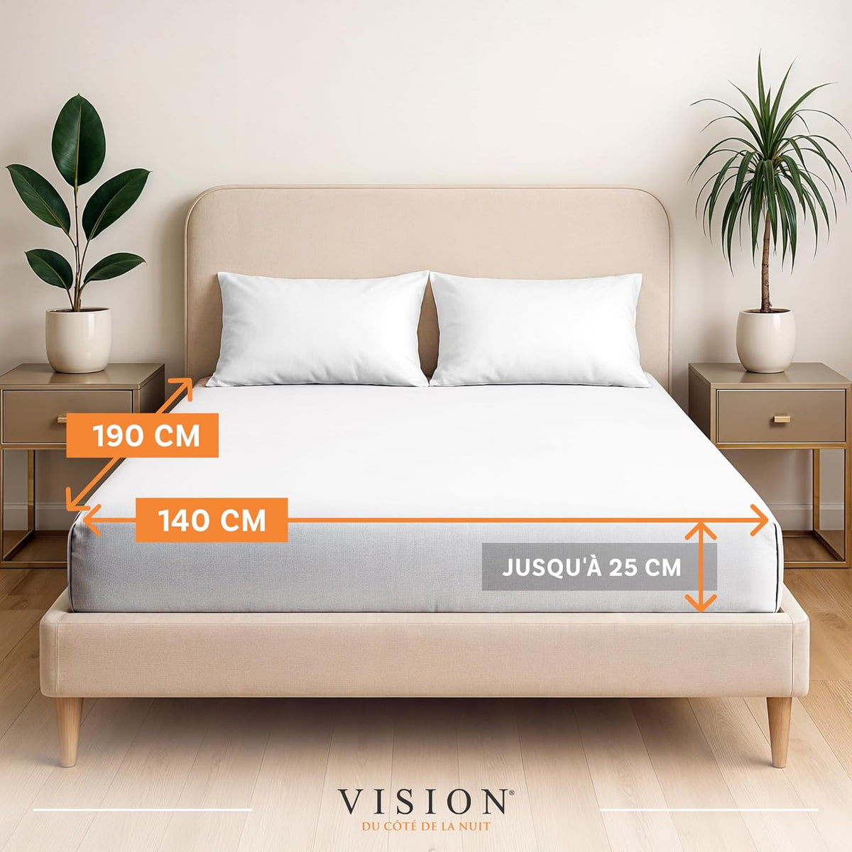 Vision Drap Housse - 100% Coton Lit Double (140x190cm) - Blanc | Coins Élastiqués | Tissage Serré : 57 Fils | Convient aux Matelas Jusqu’à 25cm | Confortable | Lavable en Machine | Certifié Oeko-Tex