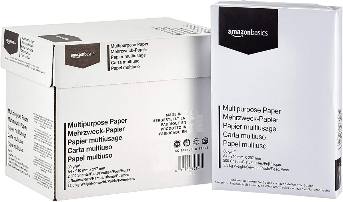 Papier multi-usage A4 80g Amazon Basics, carton de 5 ramettes de 500 feuilles