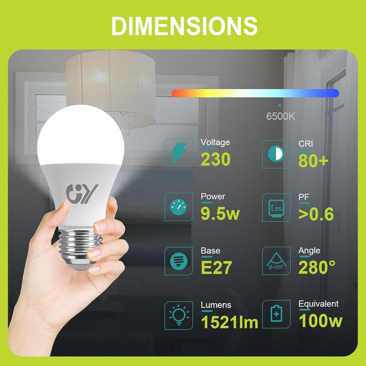 GY Ampoule LED E27 9,5W (équivalent 100W), 6500K Blanc Froid 1521 lumens, A60 Ampoules E27 LED Efficacité Énergétique, Dépolie, Non Dimmable, 2 Unités (Lot de 1)