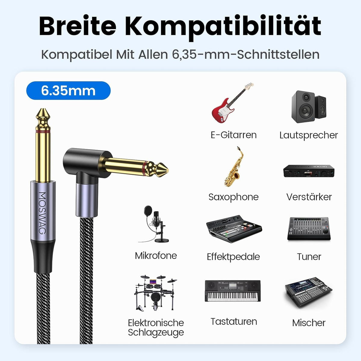 Câble instrument MOSWAG 3m - Jack coudé pour guitare électrique et basse - Connecteur tressé pour ampli