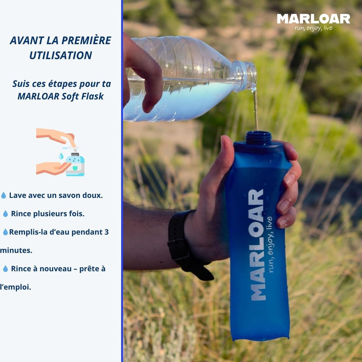 Flasque de running 500 ml bleue – Lot de 2 gourdes souples et pliables – Idéal pour la course à pied, le trail et la randonnée – Sans BPA