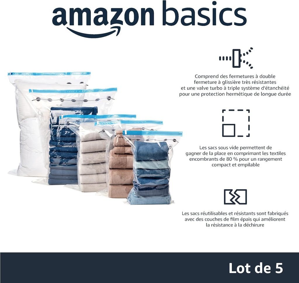 Amazon Basics Sacs de rangement sous vide avec pompe manuelle, fermeture éclair, 5 pièces, taille L, transparent