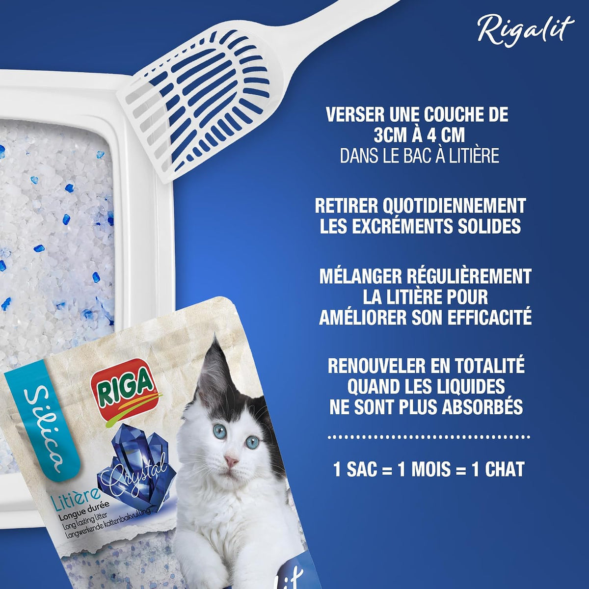 Riga - Cristal Rigalit - Litière pour chat absorbante d'origine minérale - Gel de silice - Absorbe les odeurs - Anti-développement bactérien - 2,2 kg