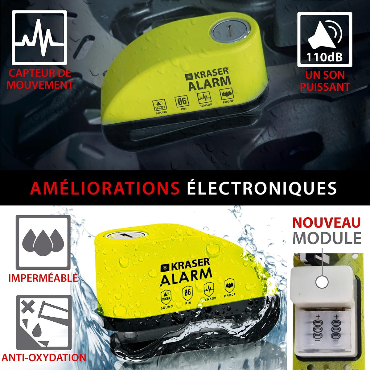 KRASER WA6Y Antivol Moto, Bloque Disque Alarme 110db, Renforcé, 3 clés, Serrure Haute Sécurité, Étanche, Câble Rappel 1,5m, Sac, Piles de rechange, Bloc Frein 6mm Universel Moto Scooter Vélo
