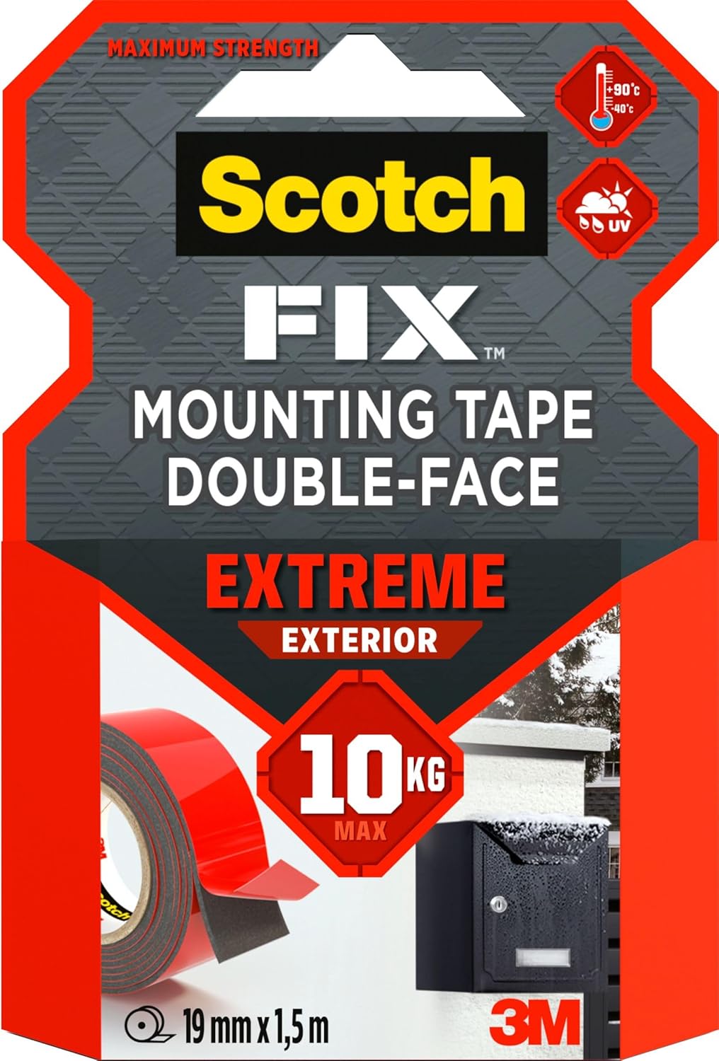 Ruban adhésif double face de fixation extrême pour extérieur Scotch-Fix, 19 mm x 1,5 m - Pour un usage extérieur extrême, avec la technologie avancée 3M, noir