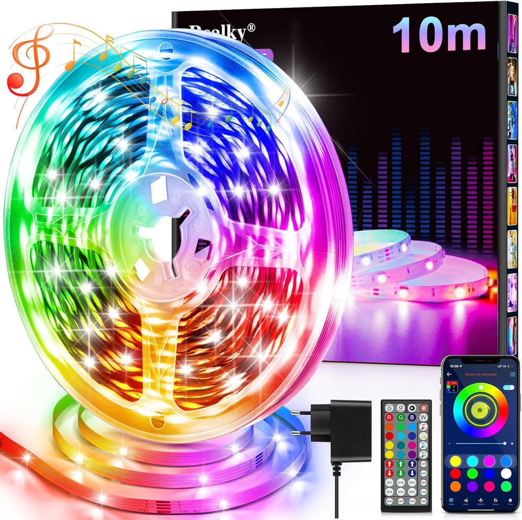 Ruban LED, 10M Ruban LED RGB Flexible pour décoration de chambre, contrôle par application Bluetooth avec synchronisation au rythme de la musique, LED pour salle de jeux, plafond, mariage, fête, cuisine, TV, bureau