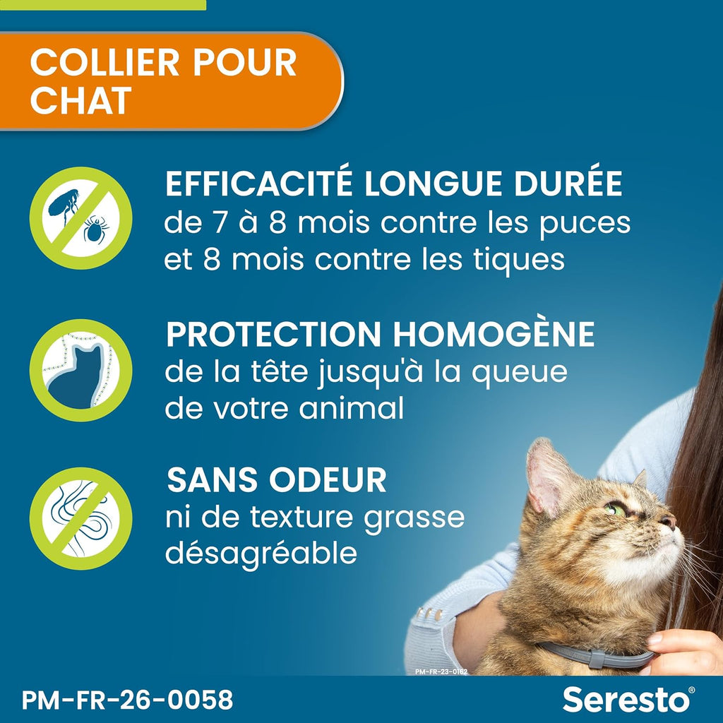 Collier pour chats Seresto – Protection continue contre les puces et les tiques – Collier Seresto pour chat avec protection longue durée de 7 à 8 mois – Gris