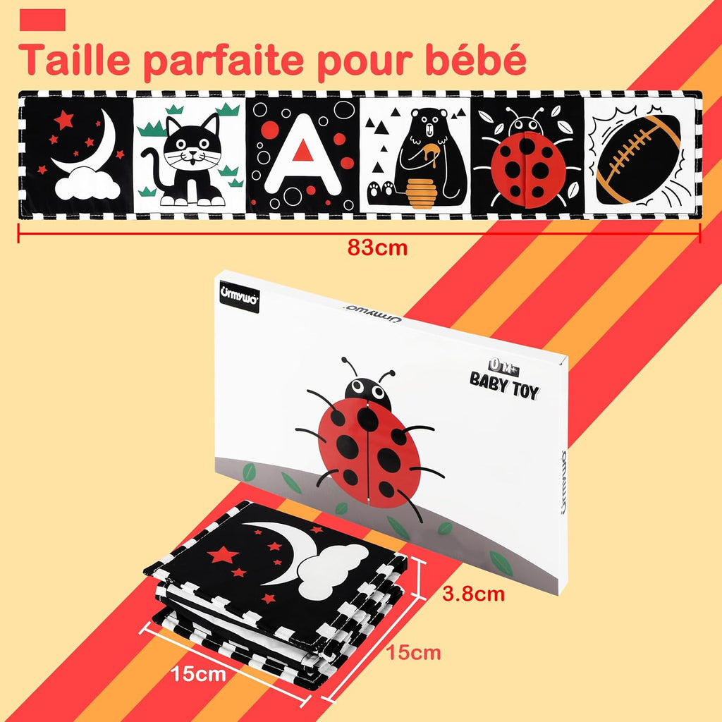 URMYWO Livre Noir et Blanc pour Bébé, Jouet d'Éveil pour Bébé 0-12 Mois, Tummy Time pour Bébé
