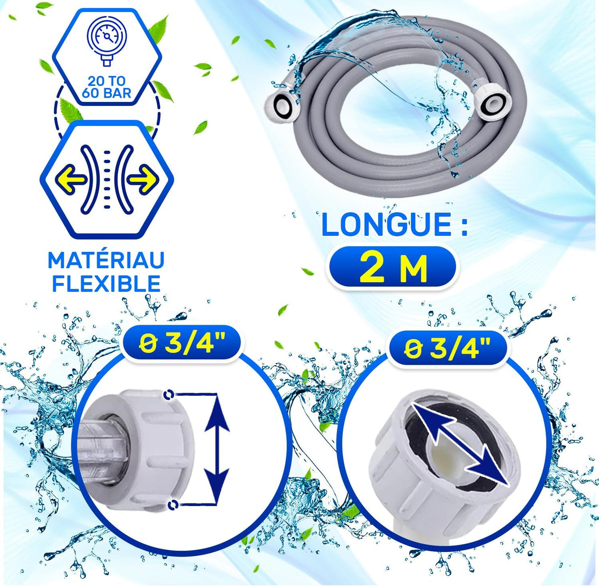 Tuyau pour lave-linge et lave-vaisselle 2 m pour 25 °C 20-60 bars Ø 3/4"