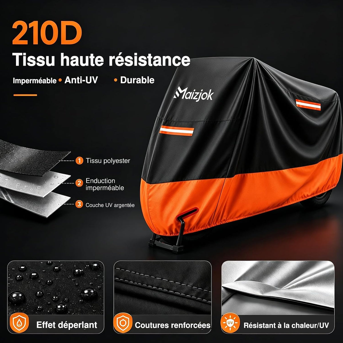 Maizjok® Housse de protection moto extérieur étanche, bâche moto imperméable 210D
