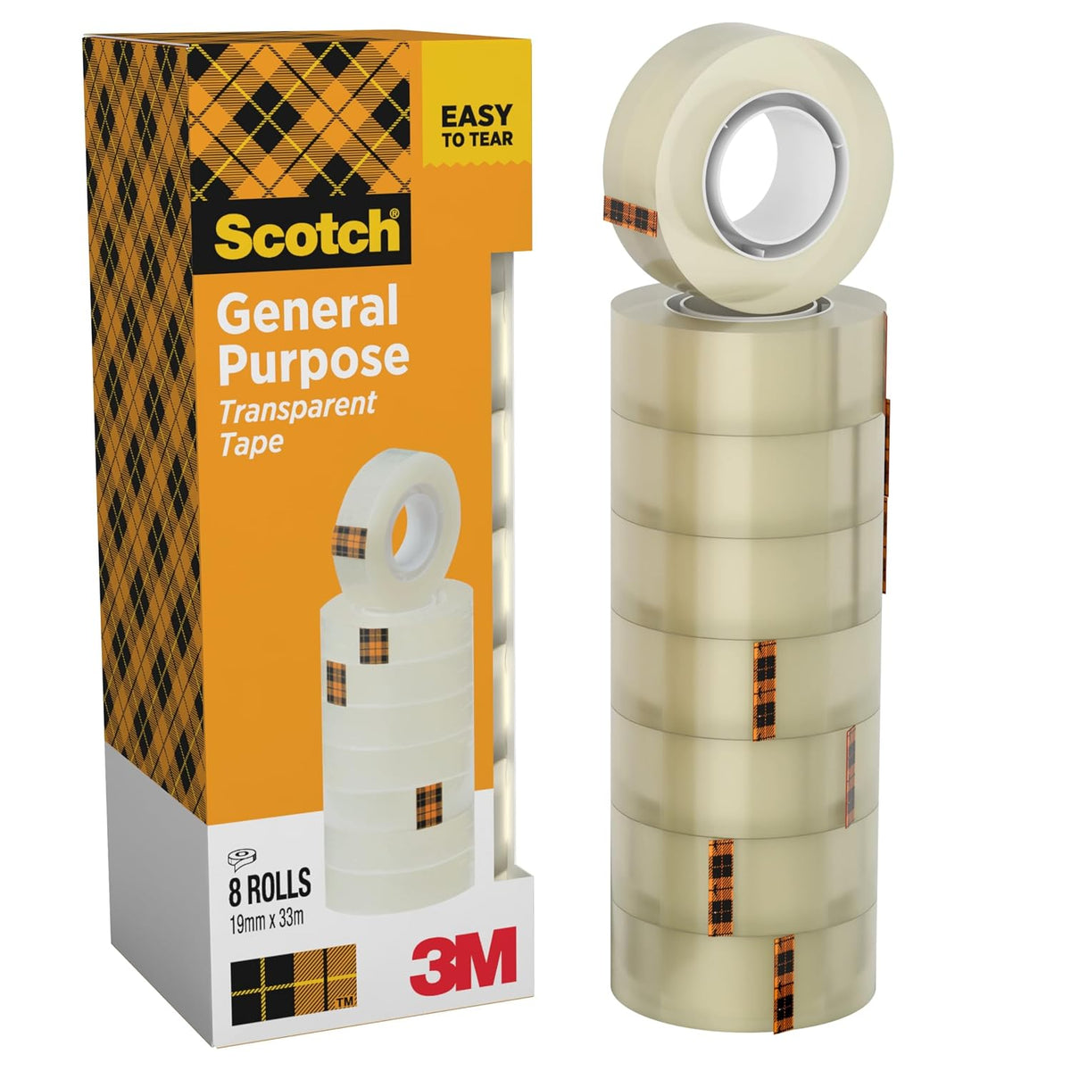 Ruban adhésif transparent Scotch, 8 rouleaux, 19 mm x 33 m - Ruban adhésif transparent à usage général pour l'école, la maison et le bureau (l'emballage peut varier)