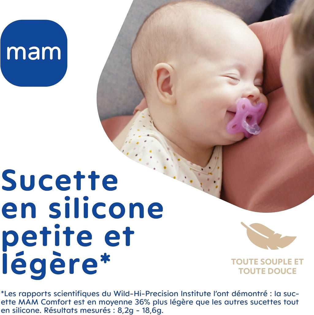 MAM Sucette Comfort, Naissance 0-2 mois, Bleu/Beige, Lot de 2 sucettes