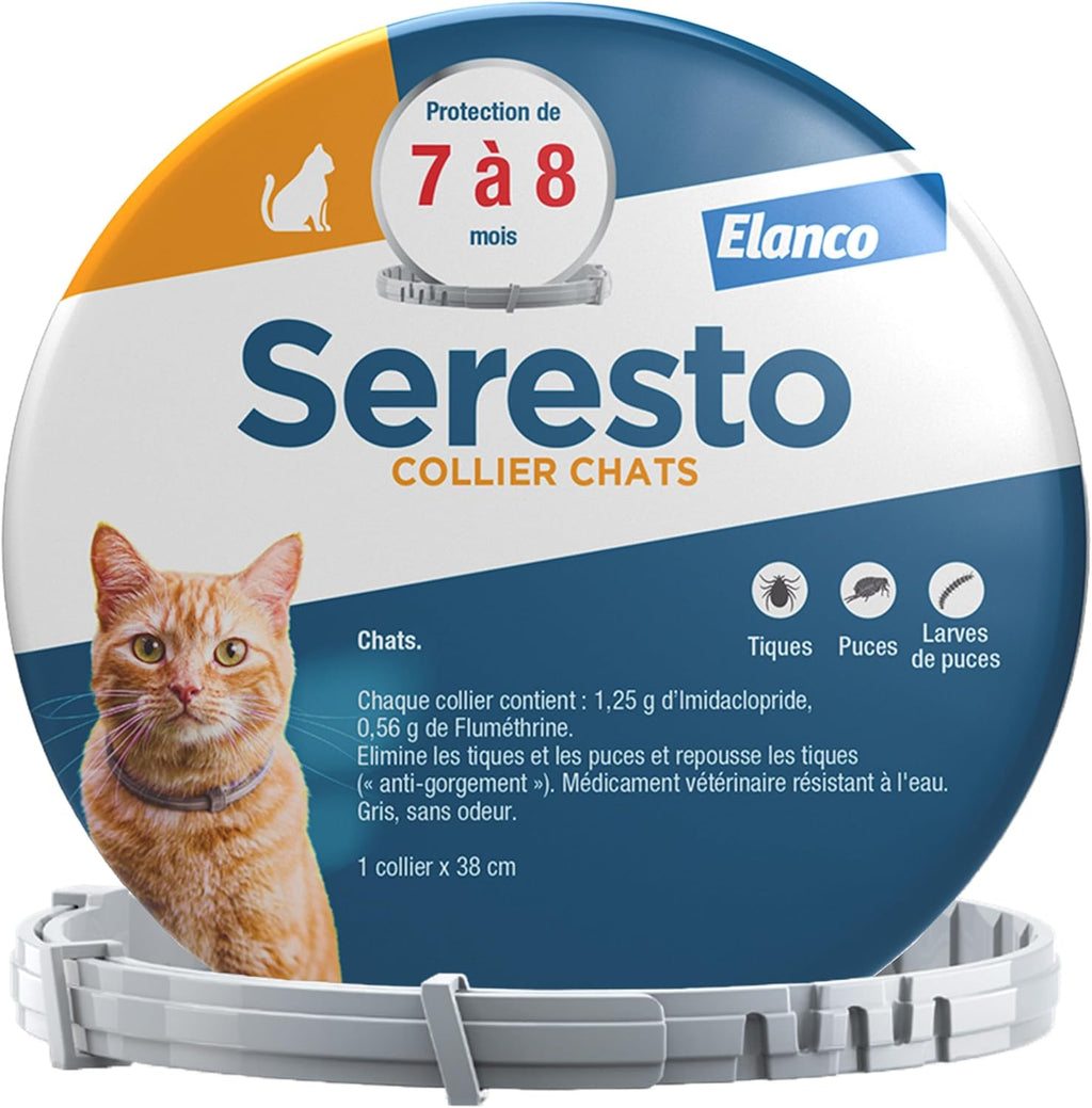 Collier pour chats Seresto – Protection continue contre les puces et les tiques – Collier Seresto pour chat avec protection longue durée de 7 à 8 mois – Gris