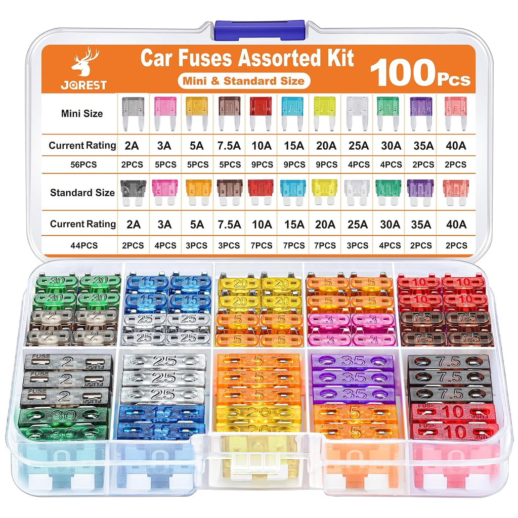 JOREST Lot de 100 fusibles de voiture - 56 mini-fusibles auto + 44 fusibles automobiles standards + 1 extracteur, fusibles pour voiture/camping-car/camion/moto (2A 3A 5A 7,5A 10A 15A 20A 25A 30A 35A 40A)