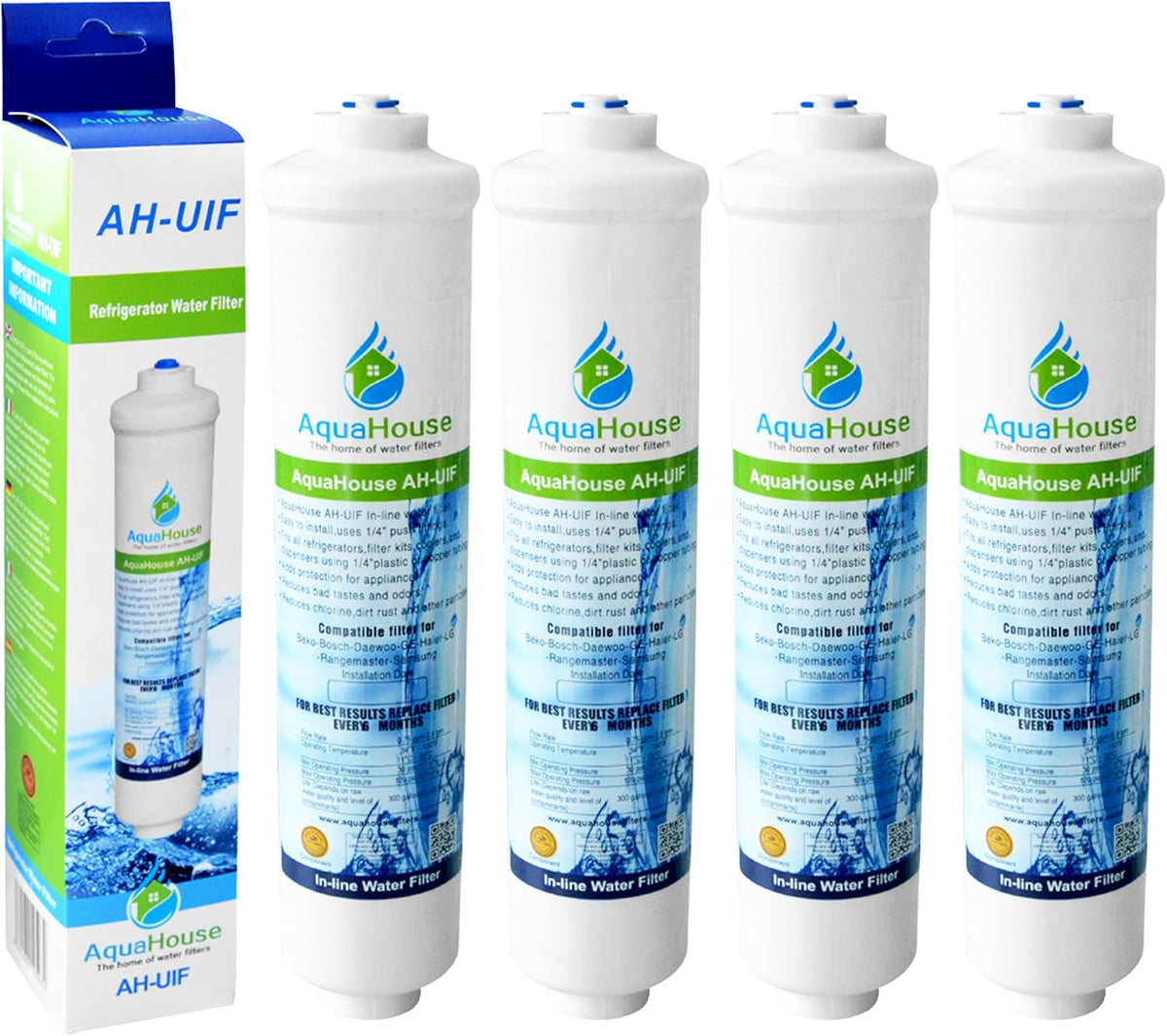 4x Filtre à eau AquaHouse AH-UIF compatible pour réfrigérateur Samsung DA29-10105J, LG 5231JA2010B, Haier 0060823485A (avec filtres externes uniquement)