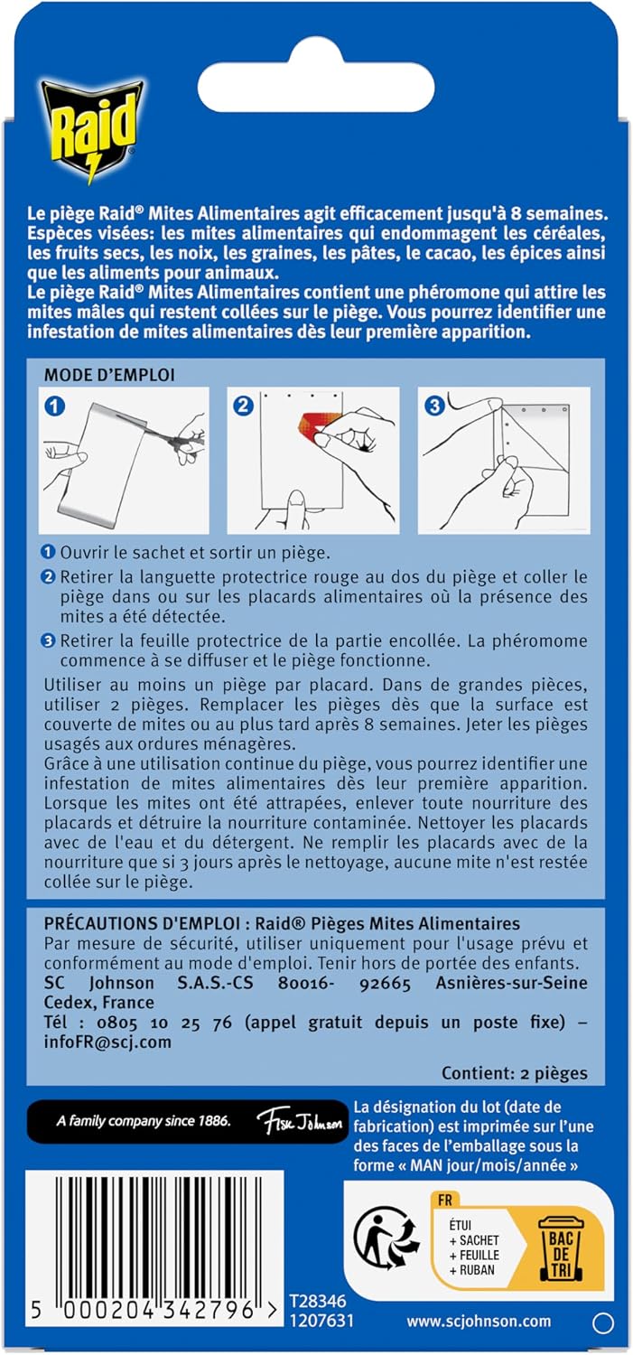 Raid Piège Mites Alimentaires - Piège Anti-Mites - Sans insecticide - Jusqu'à 8 semaines d'efficacité - 2 pièges