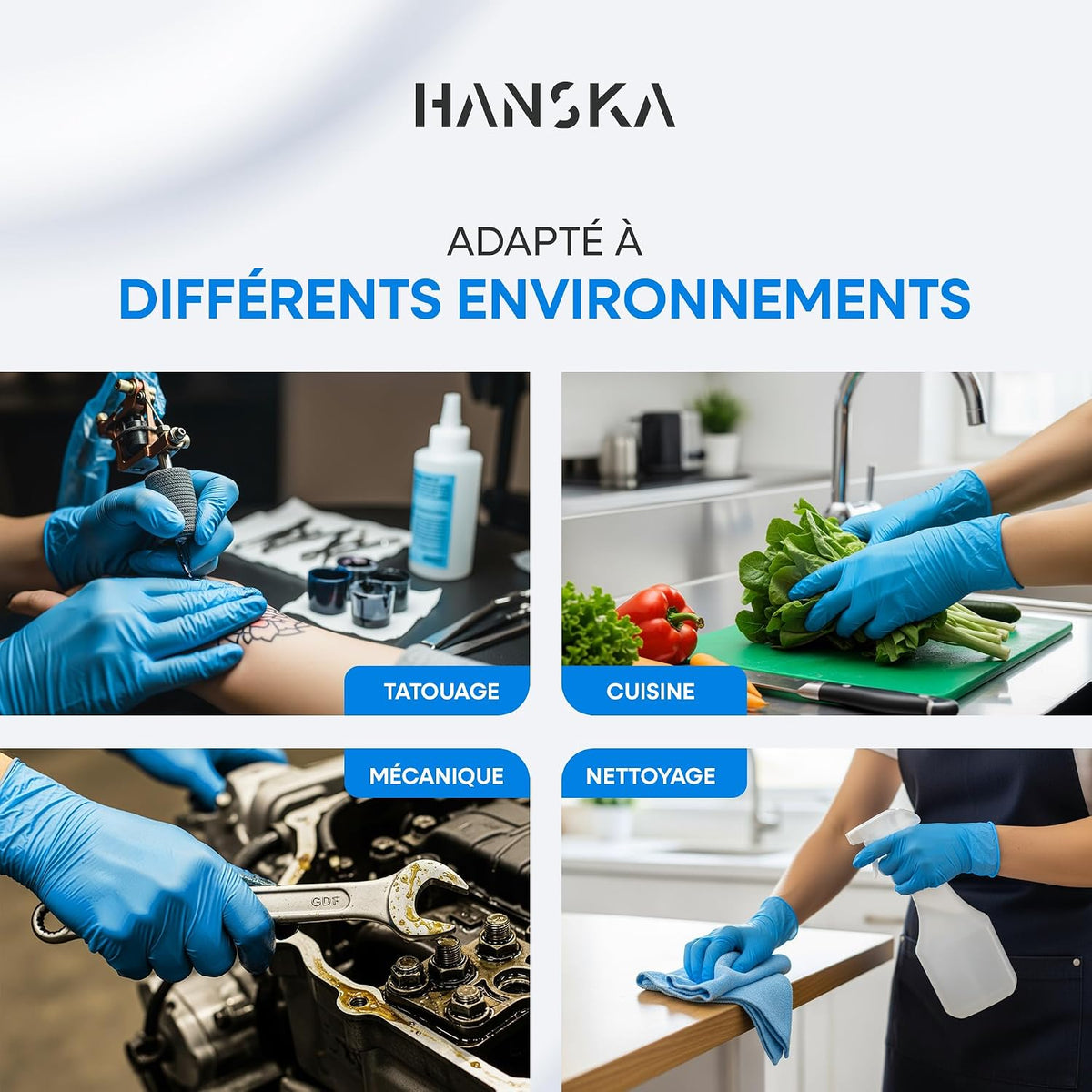 HANSKA Lot de 100 gants jetables en nitrile bleu – sans poudre – jetables – ambidextres – non stériles – base en caoutchouc – convient aux domaines médicaux, à la manipulation des aliments (100, M)
