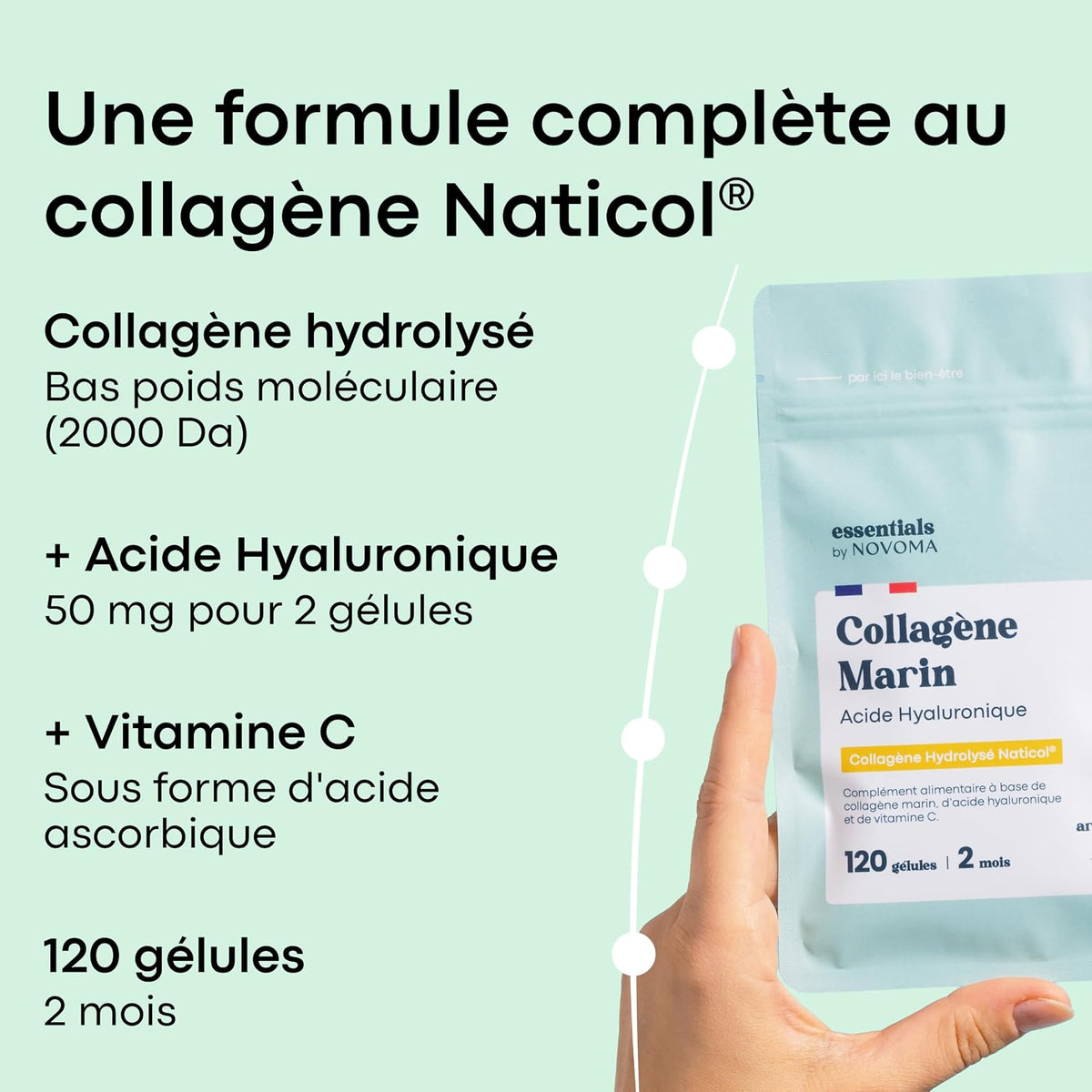 Collagène Marin + Acide Hyaluronique + Vitamine C, 120 Gélules - 2 Mois