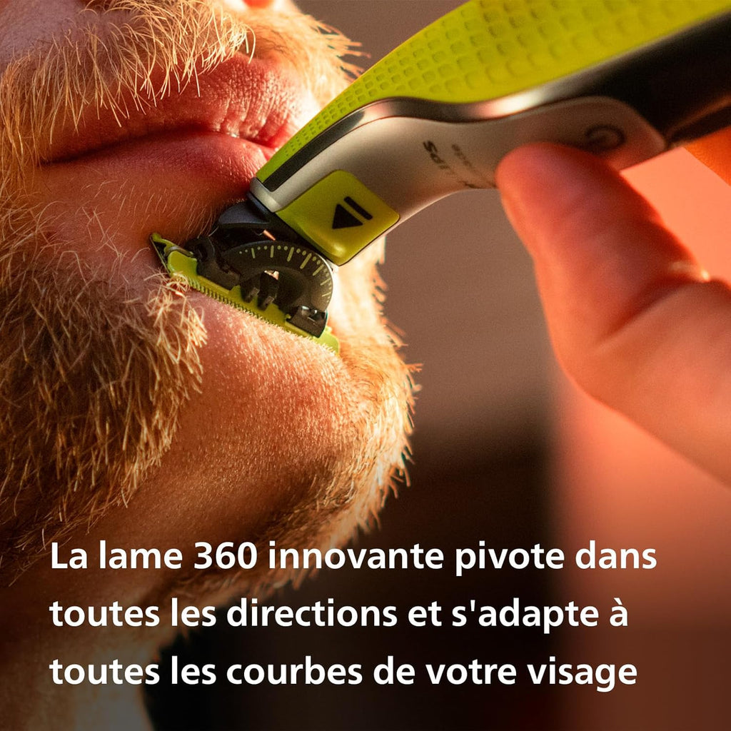 Philips OneBlade 360 hybride Visage : rasoir/tondeuse à barbe électrique, avec innovation lames 360, 2 lames 360 pour le visage, 1 sabot réglable 5 en 1 (modèle QP2734/30)