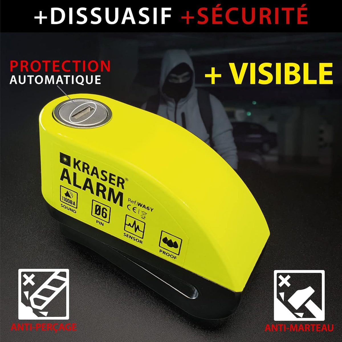 KRASER WA6Y Antivol Moto, Bloque Disque Alarme 110db, Renforcé, 3 clés, Serrure Haute Sécurité, Étanche, Câble Rappel 1,5m, Sac, Piles de rechange, Bloc Frein 6mm Universel Moto Scooter Vélo