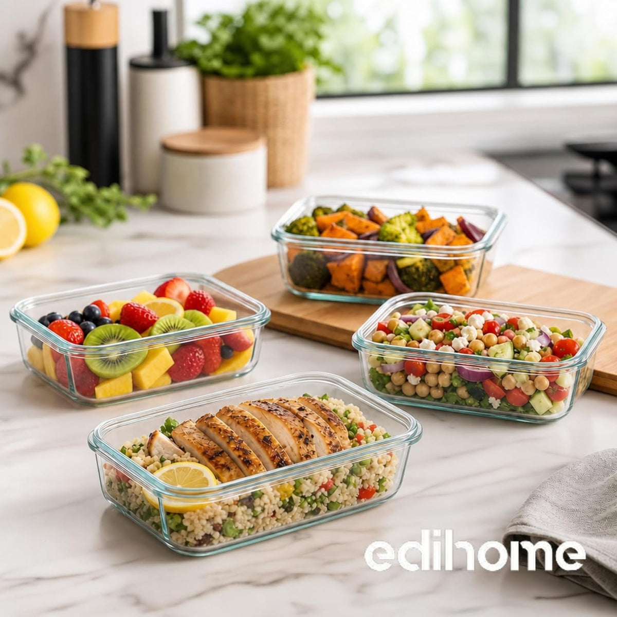 edihome, Boîte alimentaire hermétique en verre, 8, 14 ou 18 pièces, pour aliments hermétiques, résistant au lave-vaisselle, rangement cuisine, sans BPA, certifié FDA (4 récipients)