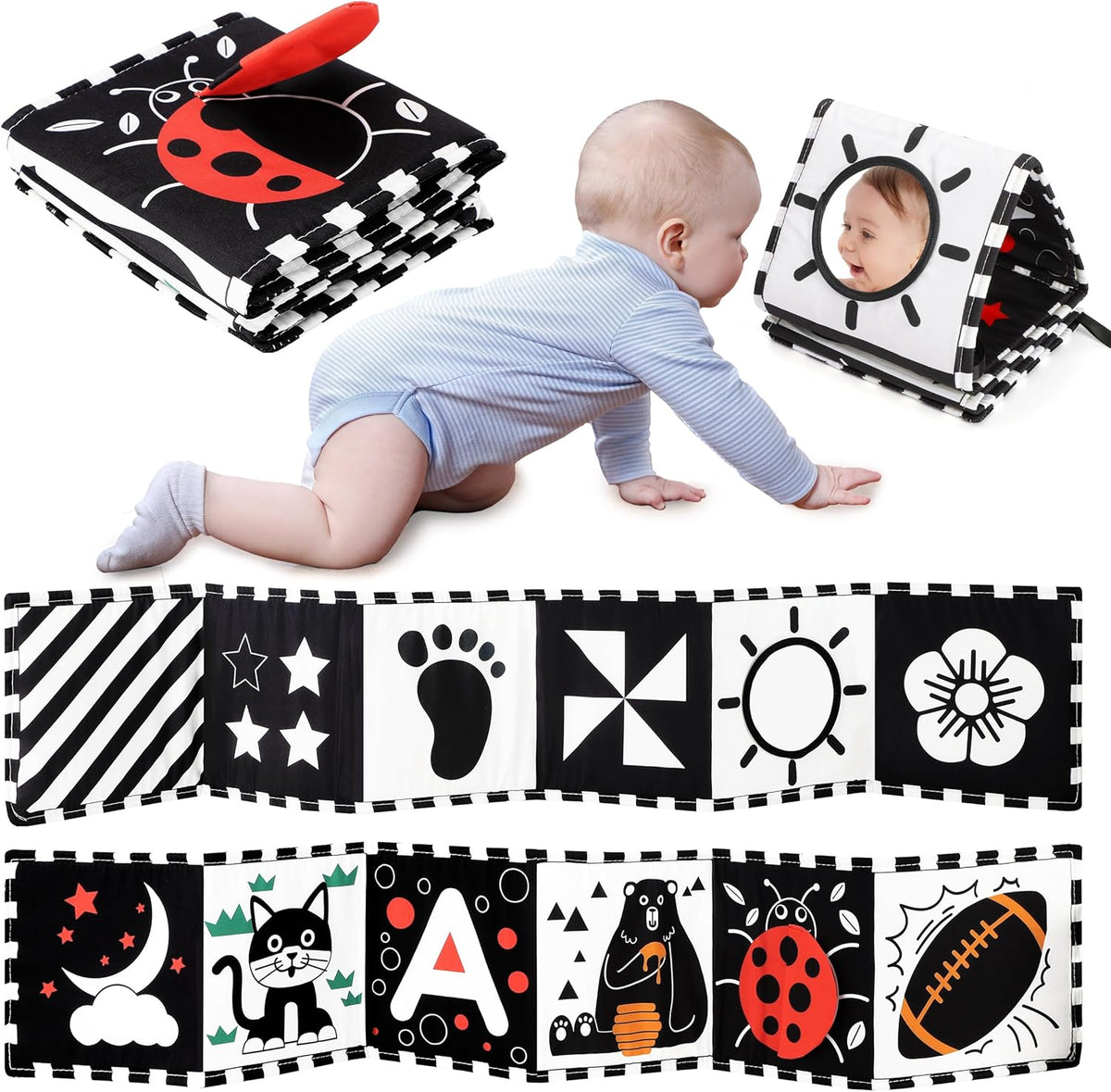 URMYWO Livre Noir et Blanc pour Bébé, Jouet d'Éveil pour Bébé 0-12 Mois, Tummy Time pour Bébé