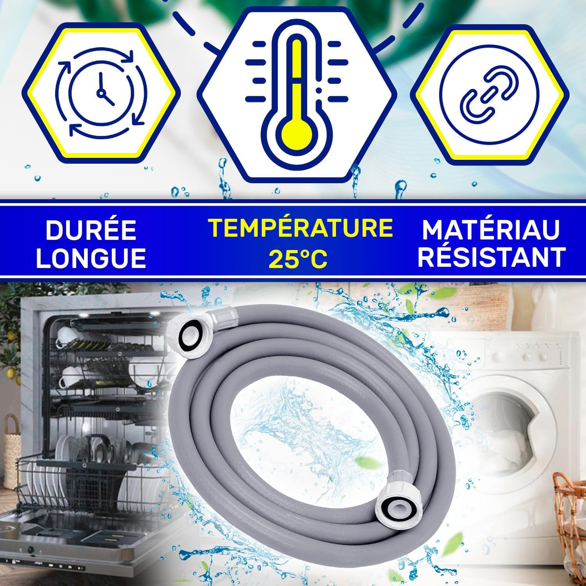 Tuyau pour lave-linge et lave-vaisselle 2 m pour 25 °C 20-60 bars Ø 3/4"