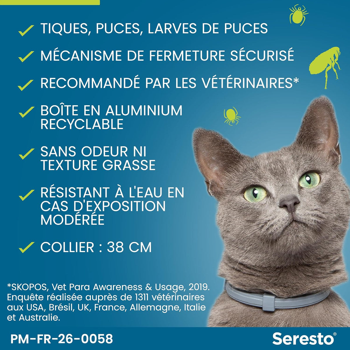 Collier pour chats Seresto – Protection continue contre les puces et les tiques – Collier Seresto pour chat avec protection longue durée de 7 à 8 mois – Gris